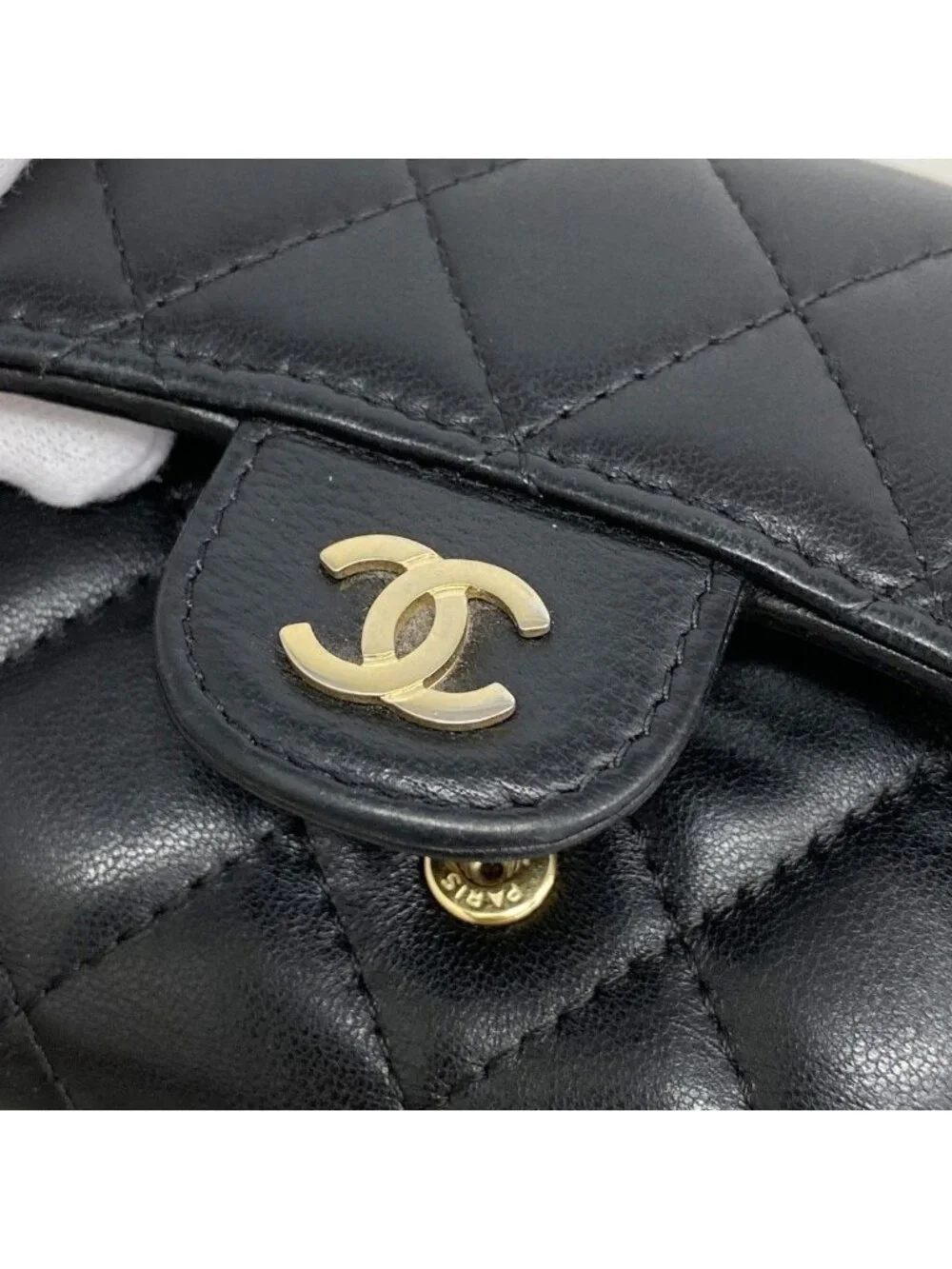 Chanel Trifold Wallet Quilted Lambskin Black Gold